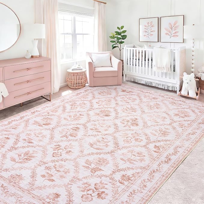 Pink Living Room Rug 5x8 Soft Boho Nursery Rug for Baby Girl, Light Blush Pink Carpet Non-Slip Faux Wool, Machine Washable Leaf Area Floral Distressed Carpet for Dining Room