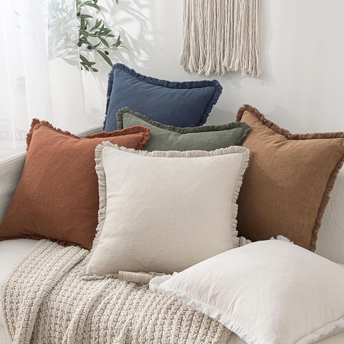 MIULEE Decorative Throw Pillow Covers Neutral Linen Fringe Throw Pillows Set of 2 Brown Boho Farmhouse Cushion Covers with Tassels for Couch Sofa Bed Living Room Fall Home Decor 20x20 Inch