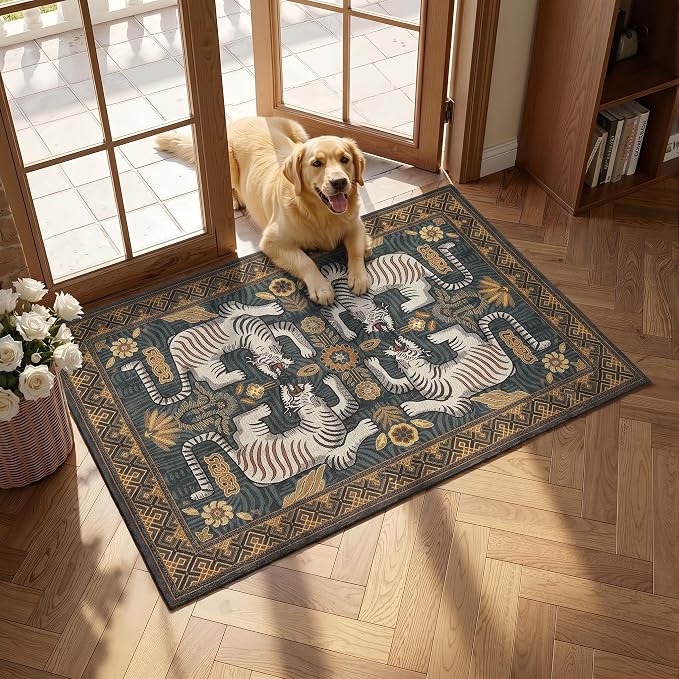 GarveeHome Boho Tiger Entryway Rug, 2x3 Vintage Tribal Washable Front Door Rug Indoor Entrance Animal Carpet Non-Slip Low Pile Throw Rugs for Kitchen Floor, Powder Room, Entry, Bathroom, Kids Room