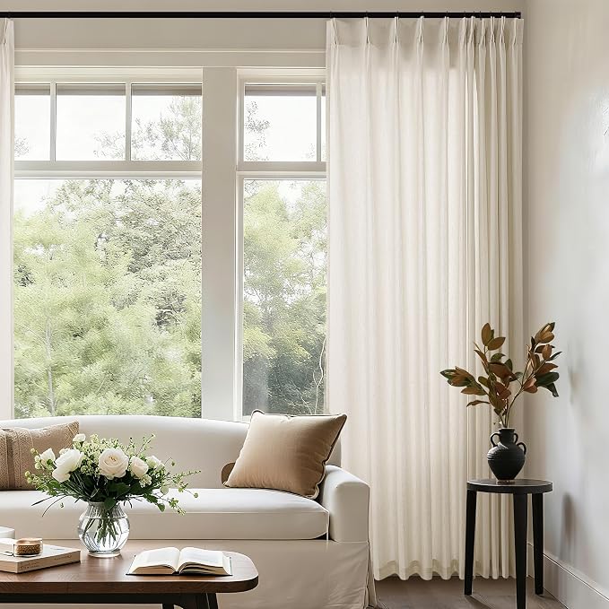 Semi Sheer Linen Curtain 90 Inches Long 72 Inch Wide Pinch Pleated | Curtain for Living Dining Room Patio Sliding Glass Door, Cream Beige Oatmeal, Semi Sheer Privacy Drapes, Hooks Rings, 72x90