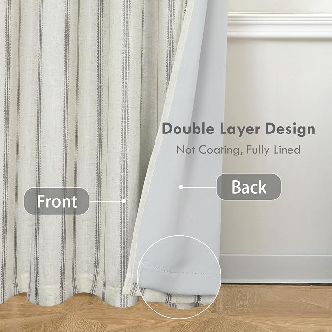 DriftAway Farmhouse Stripe Blackout Curtains, W52xL84, Gray | Blackout, Linen Texture, Stripe Pattern, Rod Pocket & Back Tab, Two Layers, Bedroom Living Room Use, Sound Reducing Design