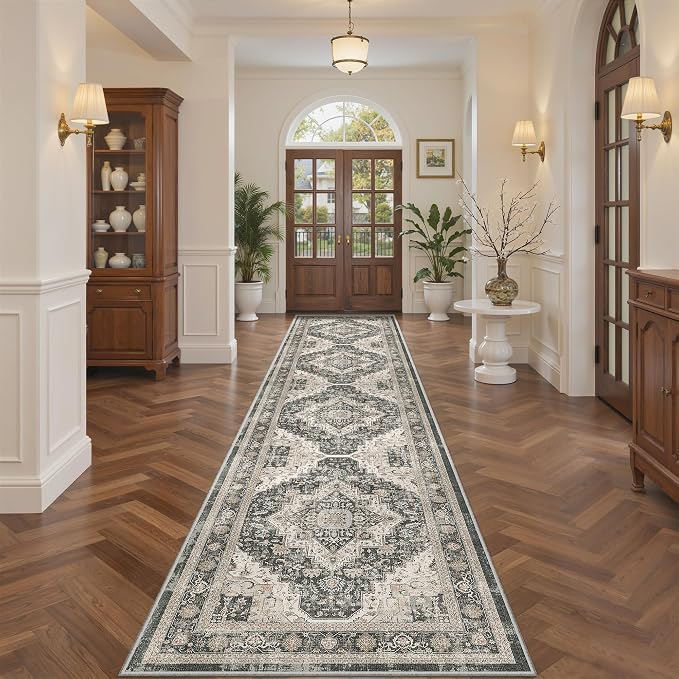 Roxstand Washable 2.6x10 Runner Rug, Non Slip Hallway Rugs Black/Beige | Low Pile rug, Stain Resistant, Distressed Rug Runners for Entryway, Living Room, Bedroom, Kitchen, Laundry