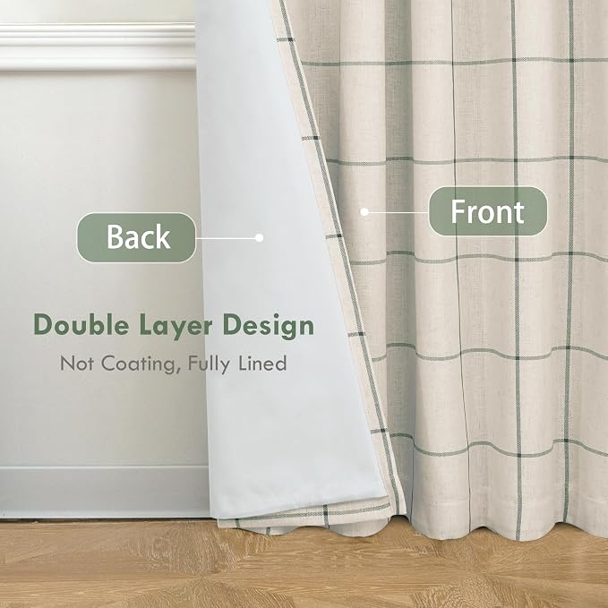 DriftAway 100% Blackout Plaid Linen Curtains W52xL84 Loden Green | 100% Blackout, Linen Texture, Plaid Pattern, Two Layers, Rod Pocket & Back Tab, Bedroom Living Room Use, Luxury Appearance