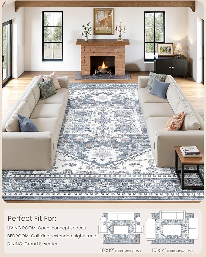 10x12 Vintage Area Rug: Washable Neutral Soft Non Slip Thin Large Floor Carpet for Living Room Bedroom Kitchen Dining Room Home Office Farmhouse Indoor - Blue