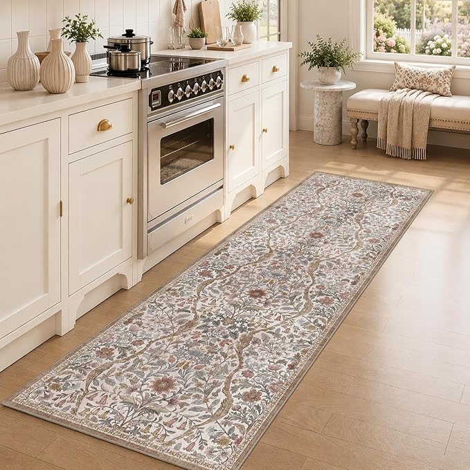 2x6 Washable Runner Rug, Khaki Beige Floral Area Rug for Hallway,Low-Pile Non-Slip Stain Resistant Carpet for Kitchen, Bedside,Laundry Room,Entryway