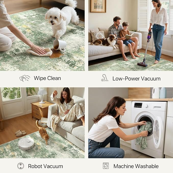 GENIMO 6x9 Area Rugs for Living Room, Machine Washable Rug Non Slip, Low Pile Ultra-Thin Lightweight Large Carpet, Abstract Modern Rugs for Bedroom, Dining Room, Office, Nursery, Olive Green