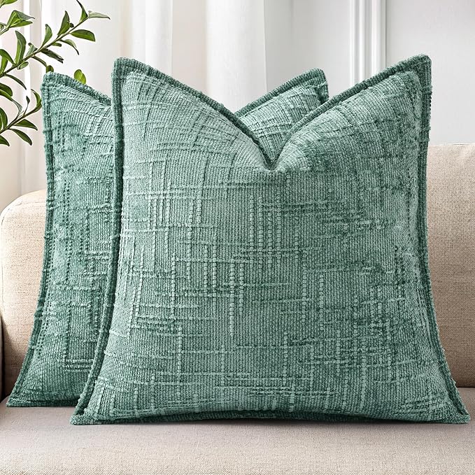decorUhome Chenille Decorative Throw Pillow Covers 20x20 Set of 2,Aqua | Soft Texture, Slubby Modern Design, Flange Edges, Cozy Accent Pillow Covers for Couch, Sofa, Bed, Living Room