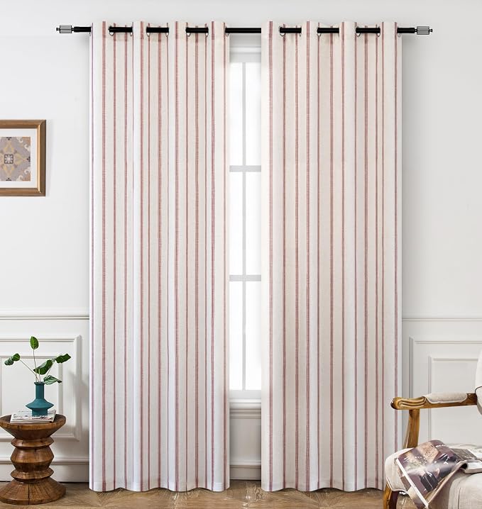 DriftAway Farmhouse Linen Stripe Blackout Curtains, W52xL108, Red | Blackout, Linen Texture, Stripe Pattern, Rod Pocket & Back Tab, Two Layers, Bedroom Living Room Use, Sound Reducing Design