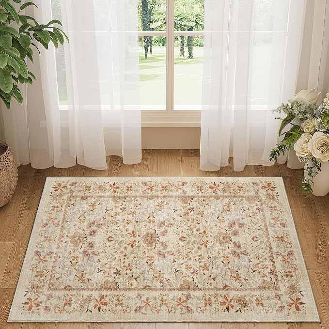 DUKINO 2x3 Entryway Rug, Washable Vintage Floral Area Rug, Beige | Non Slip, Low Pile, Non-Shedding, Soft Indoor Door Mat, Small Front Door Throw Carpet for Bathroom Kitchen Entrance Bedroom