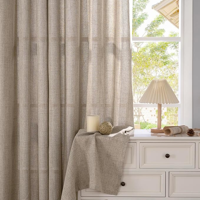 YoungsTex Dark Oatmeal Linen Curtains 54 Inch Length for Living Room Windows, Short Semi Sheer Drapes Privacy Light Filtering with Grommmet for Bedroom, 42 x 54 Inch, 2 Panels