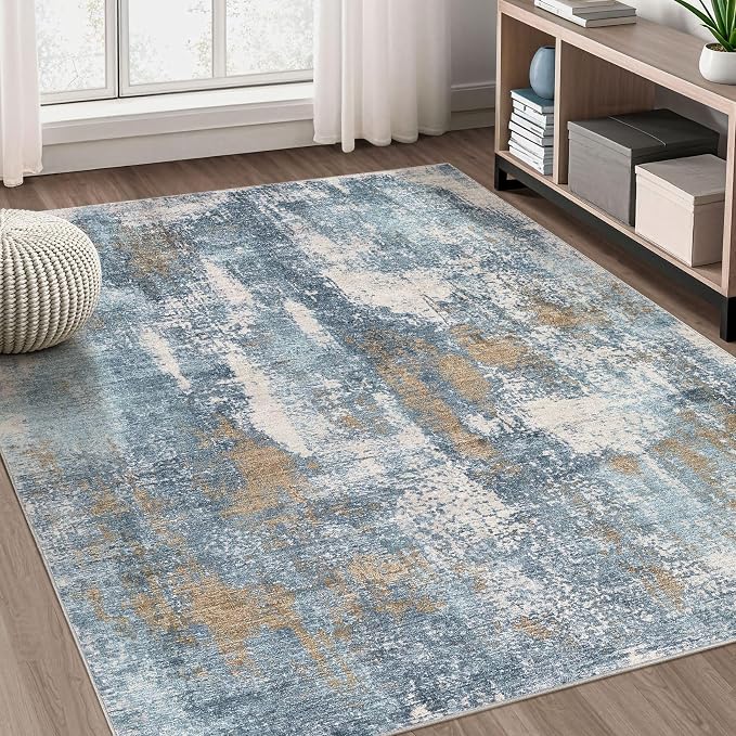DMOYEST Area Rug Living Room Rugs - 6x9 Washable Soft Indoor Neutral Modern Abstract Low Pile Rug Carpet for Bedroom Dining Room Farmhouse Home Office - Blue Brown