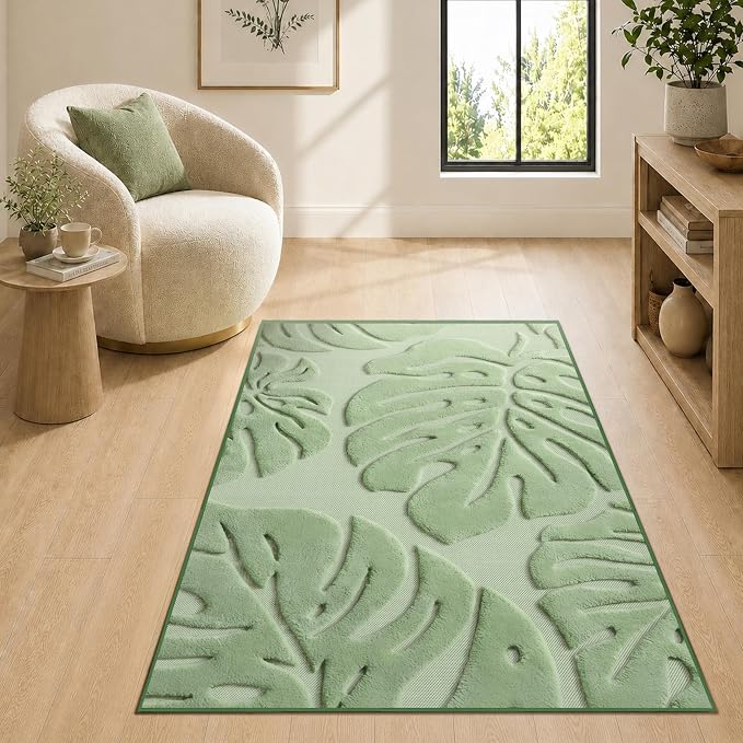 Sage Green Monstera Area Rug 3x5, High-Low Plush Pile Washable Rugs for Living Room Bedroom, Tropical Non Slip Nursery Carpet Soft Indoor Shag Rugs for Dining Room