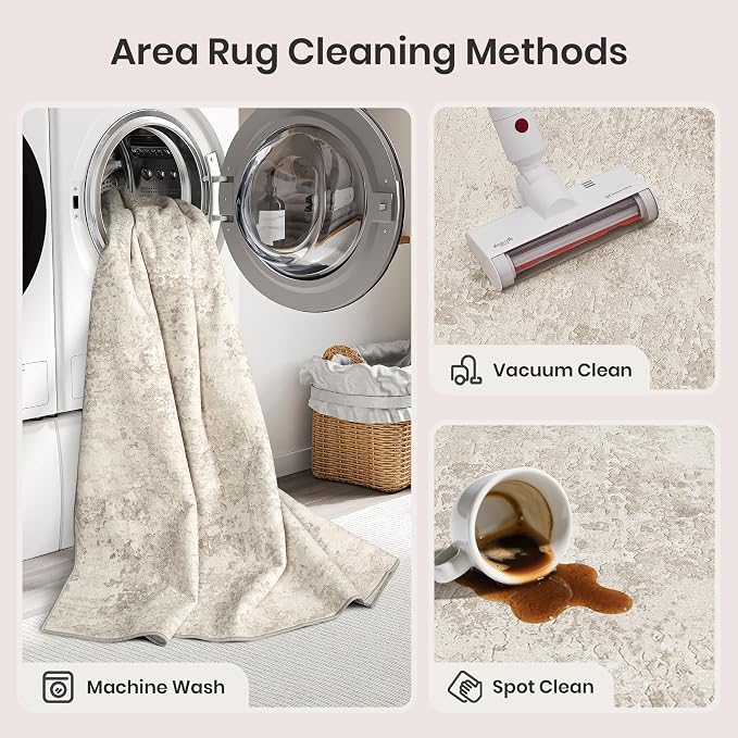 Art&Tuft Washable Rug, Ultra Thin Anti-Slip Backing Abstract 9x12 Area Rug, Low Pile Area Rugs 9x12 Living Room, Stain Resistant Foldable Machine Washable Area Rug (9'x12', Beige)