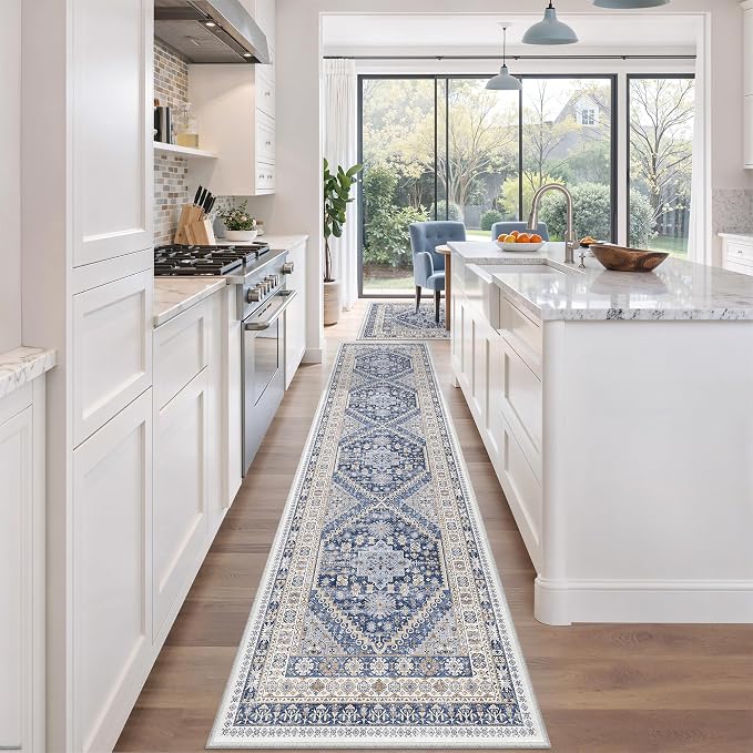 zesthome Long Rugs Runner - Washable Runner Rugs for Hallway 2x10, Ultra-Thin Soft Kitchen Carpet Runner, Anti Slip Backing Runner Rugs for Entrance, Bedroom, Living Room(Blue/Beige,2'x10')