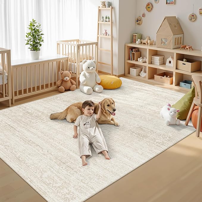 Soalmost 5x7 Area Rugs for Living Room, Washable Soft Rug Beige/Cream | Non-Slip Low Pile Natural Vintage Floral Rug Throw Carpet for Dining Room Bedroom Home Office Nursery 5'x7'