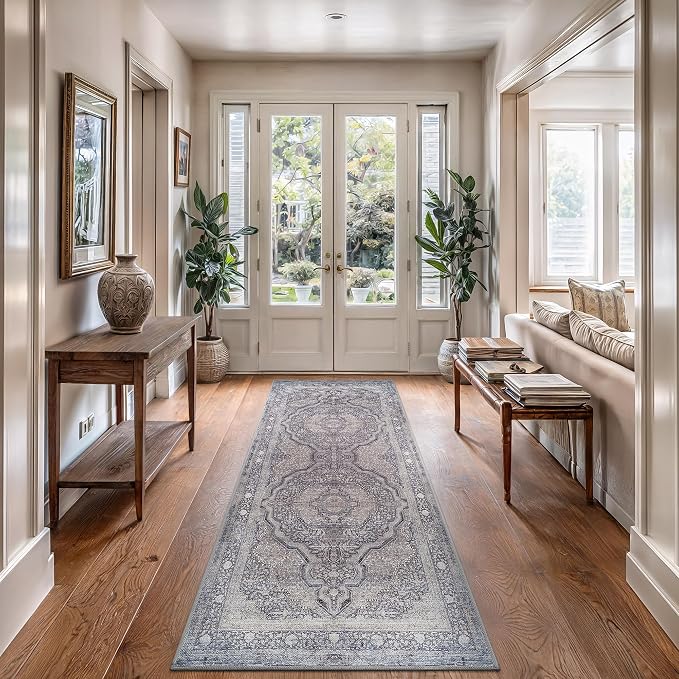 Bloom Rugs Washable Non-Slip 7 ft Runner - Blue/Steel Gray/Beige Traditional Medallion Runner for Entryway, Hallway, Bathroom, and Kitchen - Exact Size: 2.5' x 7'