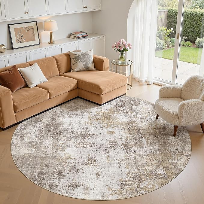8ft Round Area Rugs for Living Room, 8x8 Washable Non Slip Soft Large Rugs for Bedroom Dining Room, Modern Abstract Low Pile Stain Resistant Carpet for Laundry Office Home Decor - Gold Brown