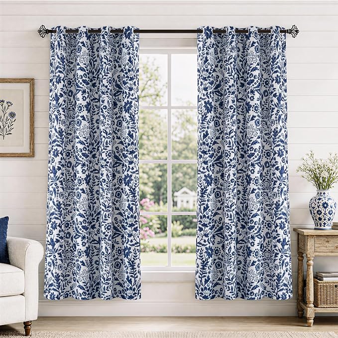 DriftAway Julia Blackout Curtains Grommet 2 Panels, W52xL72, Navy | Floral Curtains, Bedroom, Living Room, Room Darking, Watercolor Pattern, 2 Layers, Thermal Insulated, Window Treatment