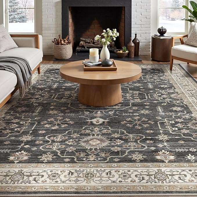 Area Rug for Living Room - 10x12 Soft Washable Oriental Vintage Floral Distressed Large Carpet - Fade Stain Resistant Non Slip Rugs for Bedroom Dining Room Nursery Dorm Office Home Decor - Black