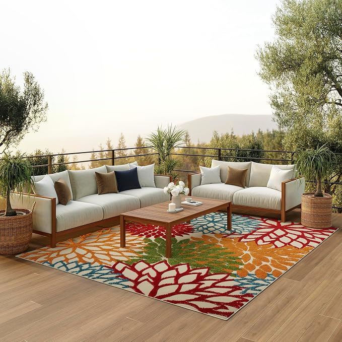 Nourison Home Aloha Indoor/Outdoor Green 9' x 12' Area Rug, Tropical, Botanical, Easy Cleaning, Non Shedding, Bed Room, Living Room, Dining Room, Deck, Backyard, Patio (9x12)