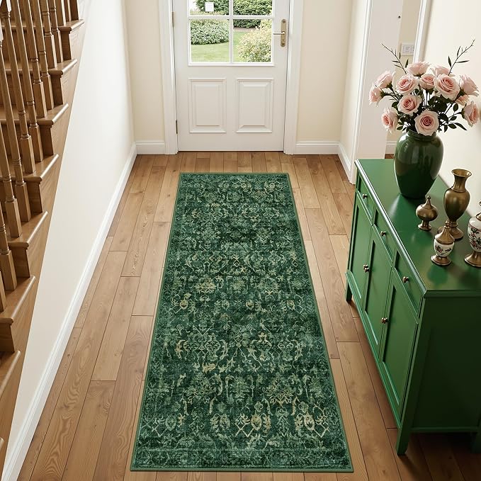 Dark Green 2x5 Runner Rug for Hallways Bed Side Kitchen, Boho Washable Distressed Low-Pile Floor Entryway Long Bathroom Mat, Non-Slip Laundry Room Washstand Front Carpet Green 24x60 Inch