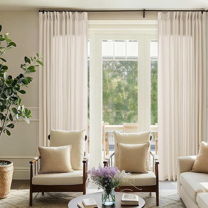 Cream Beige Extra Wide Pinch Pleat Linen Curtains 84 Inches Long | 72 Inch Wide, for Living Room Sliding Glass Door, Oatmeal, Boho, Pleated Drape, Hooks Rings, 72x84 Large Window Curtain