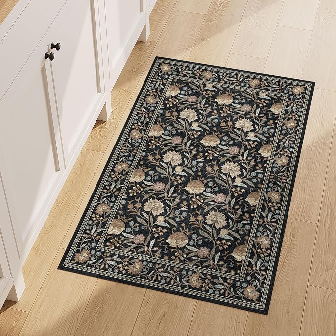 DUKINO 2x3 Rug, Washable Vintage Floral Bathroom Rugs Non Slip, Black | Low Pile, Stain Resistant Boho Soft Indoor Door Mat, Small Front Door Carpet for Entryway Kitchen Laundry Bedroom Farmhouse
