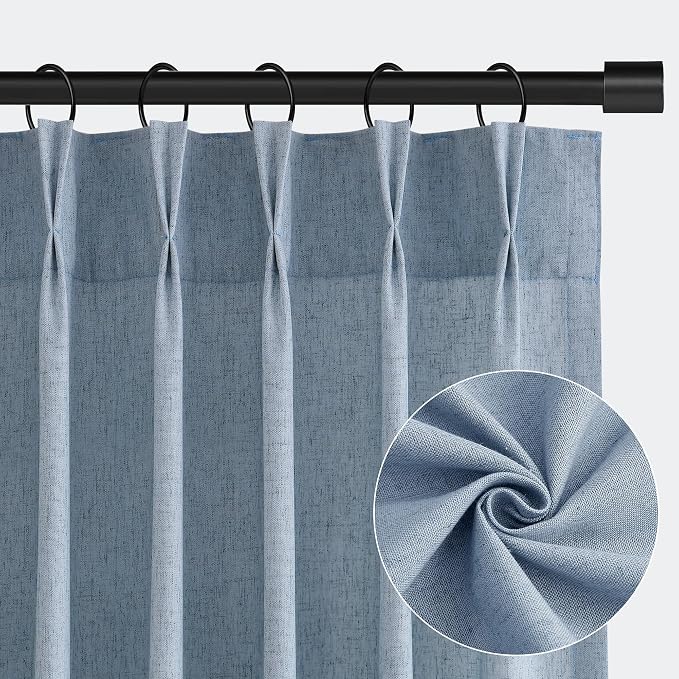 Aersas Stone Blue Pinch Pleated Linen Curtains 84 Inches Long 2 Panels Set for Living Room Bedroom Pinch Pleat Back Tab Light Filtering Coastal Window Curtain Drapes 84 Inch Length Light Blue