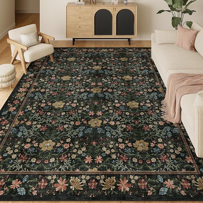 DUKINO 9x12 Area Rug for Living Room, Vintage Floral Washable Rugs, Black | Non Slip, Low Pile, Non-Shedding, Stain Resistant, Aesthetic Soft Indoor Large Carpet for Bedroom, Dining Room, Farmhouse