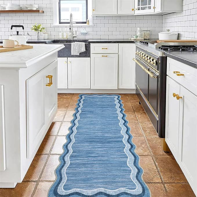 Garvee Washable Runner Rug 2x6 Scalloped Rugs for Bathroom Modern Kitchen Hallway Rugs Stain-Resistant Non-Slip Solid Rug Soft Scalloped Entryway Carpet Runner for Bathroom Laundry Bedside(Blue,2x6ft) | Modern Long Runner Rug for Entryway Bedroom, Non ...