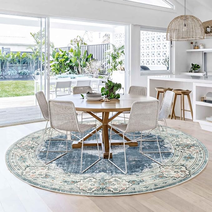 MUJOO Blue Round Rug 6ft,Circle Washable Area Rug Non Slip Low-Pile Floral | Large Circular Rugs for Bedroom Living Room Dining Room Boho Throw Carpet Soft Floor Indoor Vintage Flowers Blue and Grey