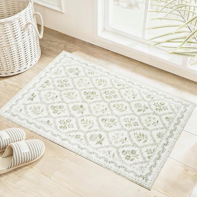 Small Green Rugs 2x3 Sage Green Kitchen for Entryway, Soft Washable Floral Printed Small Area Rug, Non-Slip Kitchen Mat, Low-Pile Indoor Bathroom Farmhouse Carpet for Entrance Cottage Boho