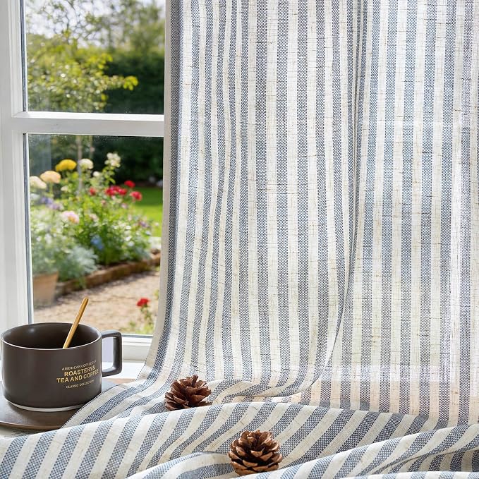 jinchan Linen Curtains 84 Inch Blue Stripe on Beige Grommet 2 Panels | Curtains for Living Room Bedroom,Ticking Stripe Pattern,Farmhouse Cottage Core Rustic, Window Treatment,Light Filtering