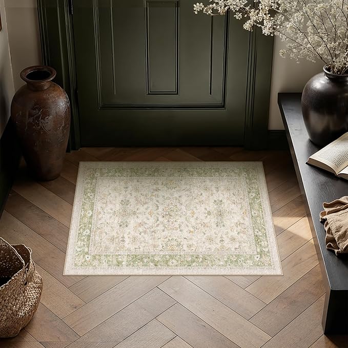 2x3 Sage Green Washable Area Rug Non Slip Vintage Doormat | Soft Low Pile, Lightweight Foldable, Pet Friendly, Entryway, Entrance, Kitchen, Bathroom, Laundry Room