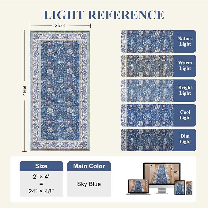 DUKINO 2x4 Rug, Washable Vintage Floral Entryway Rug Non Slip, Sky Blue | Low Pile, Non-Shedding, Stain Resistant Boho Lightweight Soft Indoor Carpet for Kitchen Bathroom Hallway Laundry Farmhouse