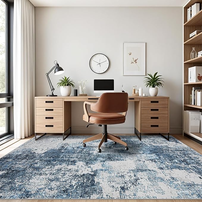 Area Rug Living Room Rugs: 5x7 Washable Rug with Anti-Slip Backing Non-Shedding Stain-Resistant Foldable Modern Abstract Carpet for Bedroom Dining Room Nursery Home Office (Blue)