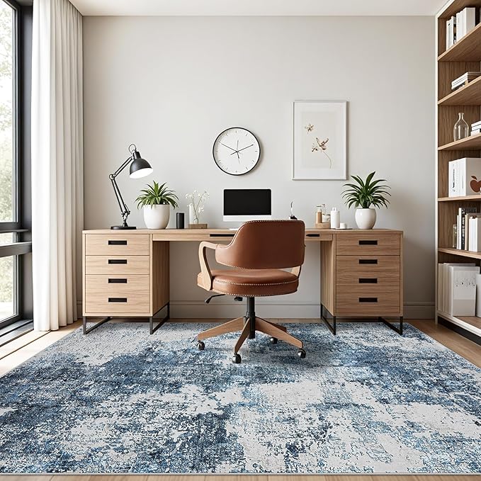 Washable Rug 6x9 Area Rugs: Soft Large Living Room Rug with Anti-Slip Backing Non-Shedding Stain-Resistant Modern Abstract Carpet for Bedroom Dining Room Nursery Home Office-Blue