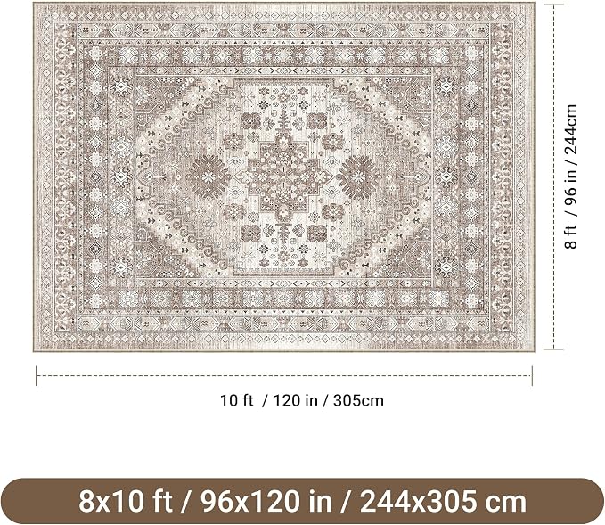 befbee Washable Rug 8x10 Area Rugs for Living Room - Stain Resistant Non-Slip Backing Rugs for Bedroom - Vintage Large Area Rug (Brown/Beige, 8'x10')