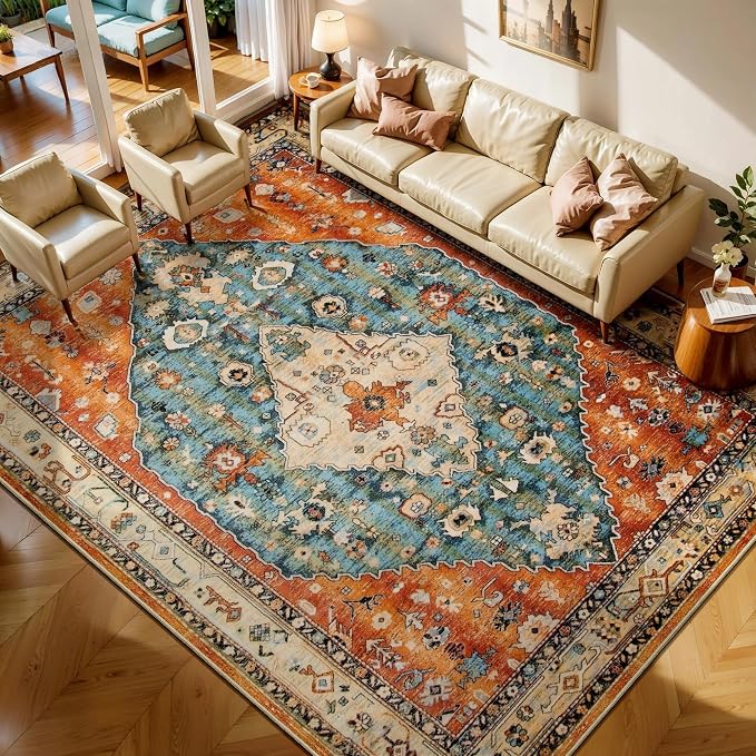 SERISSA 7x9 Area Rugs for Living Room, Large Washable Non-Slip Boho Rug, Ultra Soft Vintage Oriental Tribal Print Distressed Carpet for Dining Room Bedroom Dorm Office Home Decor