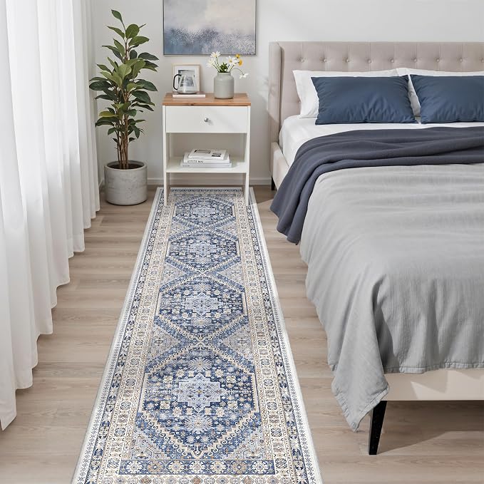 zesthome 2x8 Runner Rug, Washable Runners for Hallways with Rubber Backing, Stain Resistant Kitchen Rug, Soft Thin Carpet Runner for Entrance, Bedroom, Living Room Indoor(Blue/Beige,2'x8')