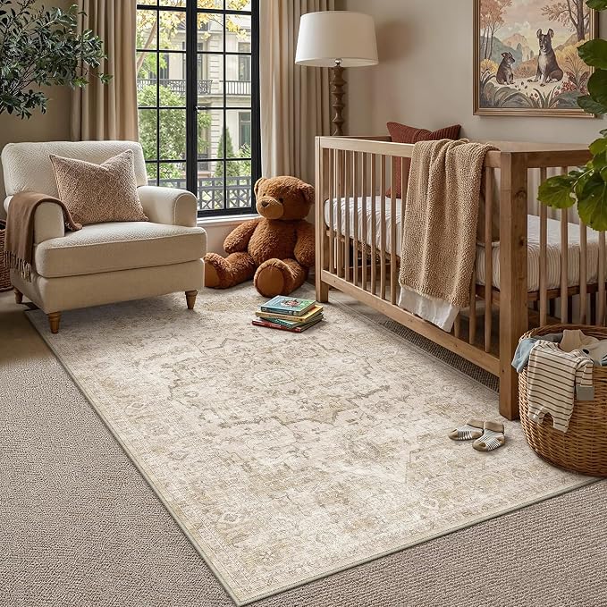 HUGEAR 5x7 Machine Washable Rug Beige Area Rug Room Decor Distressed Vintage Living Room Rugs Non Slip Low Pile Soft Carpet for Bedroom Office Dining Room Soft Lightweight