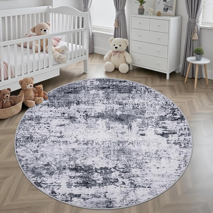 Round Area Rug for Living Room: 6 ft Washable Modern Abstract Soft Thin Rug Indoor Floor No Slip Stain Resistant Carpet for Bedroom Dining Room Farmhouse Nursery Home Office - Grey