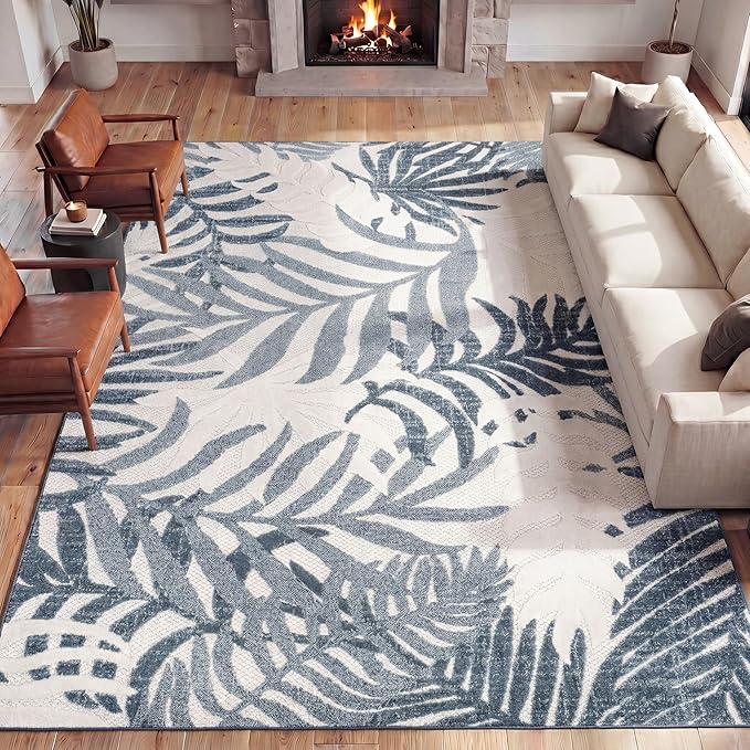 JONATHAN Y Tropics Palm Leaves Indoor Outdoor Area Rug 3x5 Cream/Dark Blue | Ships Rolled, Durable Flat Weave, Lays Flat for Backyard, Patio, Porch, Easy-Cleaning, High Traffic,Pet-Friendly,Non-Shedding