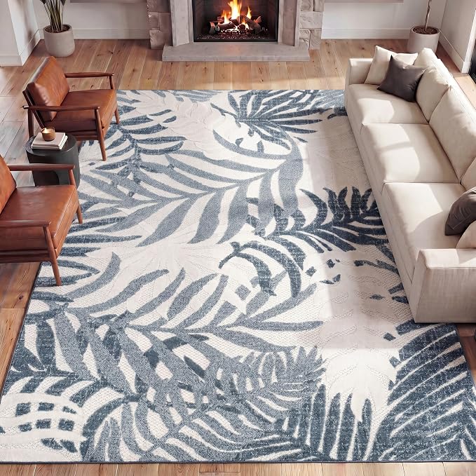 JONATHAN Y Tropics Palm Leaves Indoor Outdoor Area Rug 4X6 Cream/Dark Blue | Ships Rolled, Durable Flat Weave, Lays Flat for Backyard, Patio, Porch, Easy-Cleaning, High Traffic,Pet-Friendly,Non-Shedding