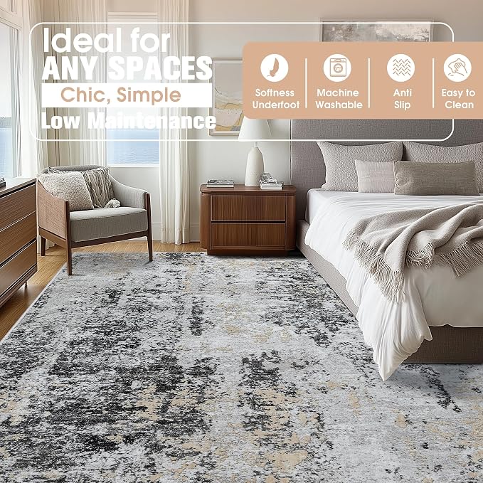 10x14 Area Rugs for Living Room Rug Washable: Abstract Large Rug Indoor Modern Carpet Non Slip for Dining Room Bedroom Nursery Home Office Black Grey Gold