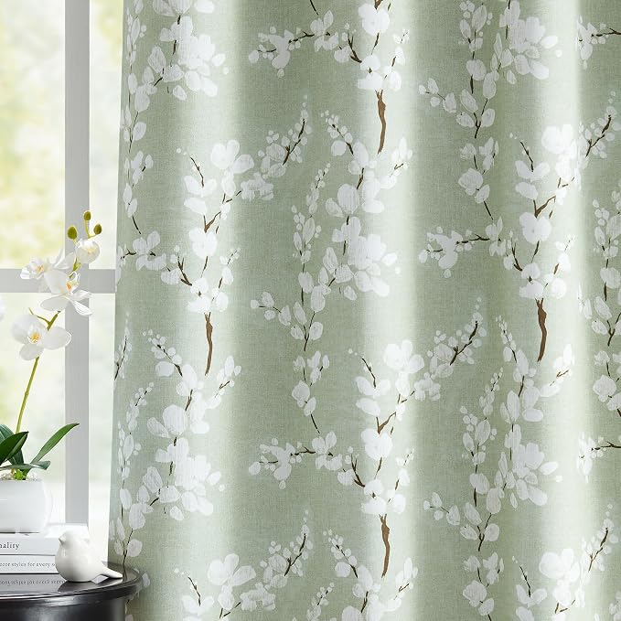 FMFUNCTEX 100% Blackout Green Floral Curtains, Rod Pocket 18 Inch 1 Panel | Black Out Drapes, Thermal Insulated, Blossom Patterned Short Panel for Kitchen Curtains, Cafe, Bathroom, Door Glass