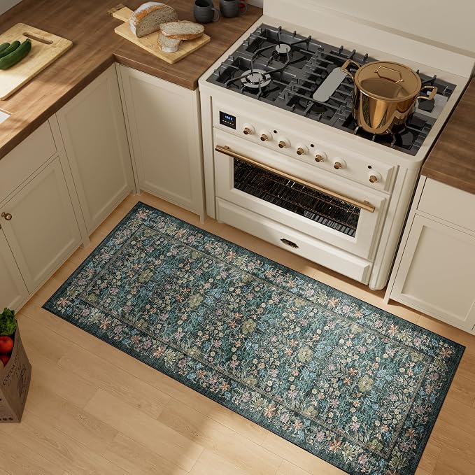 DUKINO 2x5 Rug Runner, Washable Vintage Floral Bathroom Rugs, Blue | Non Slip, Low Pile, Stain Resistant, Lightweight Soft Carpet Runner for Laundry Room Kitchen Hallway Bedroom, Non-Shedding