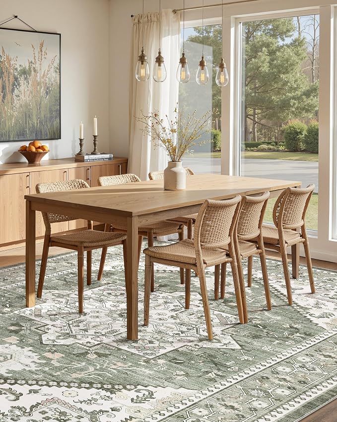 5x8 Vintage Area Rug: Washable Neutral Soft Non Slip Thin Large Floor Carpet for Living Room Bedroom Kitchen Dining Room Home Office Farmhouse Indoor - Green