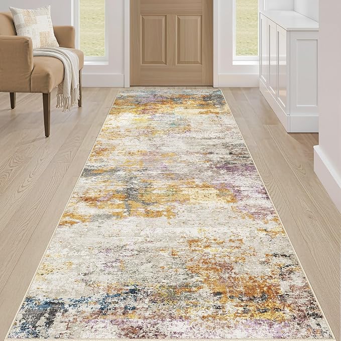 Runner Rug Kitchen Washable Rugs: 2x10 Non-Slip Abstract Soft Modern Stain Resistant Indoor Floor Neutral Accent Throw Carpet for Hallway Bathroom Laundry Room Entryway Bedroom- Gold Colorful