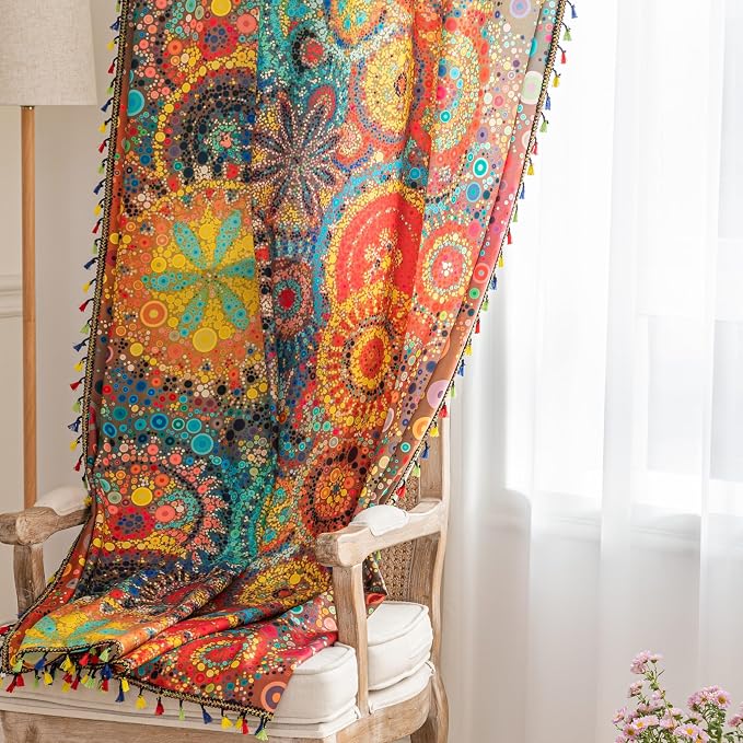 Boho Curtains Geometric Light Filtering Semi-Blackout Window Curtains 63 Inches Long Rod Pocket Drapes for Living Room 2 Panels-Dot Colorful